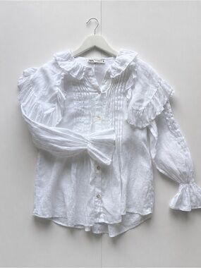 100% Linen Zara Shirt Blouse Bib Collar Long Sleeve size XS